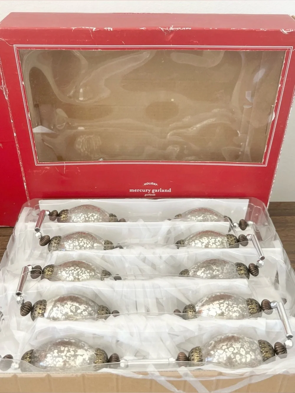 Pottery Barn Holiday Mercury Glass Garland Silver and Gold w Box Great Condition
